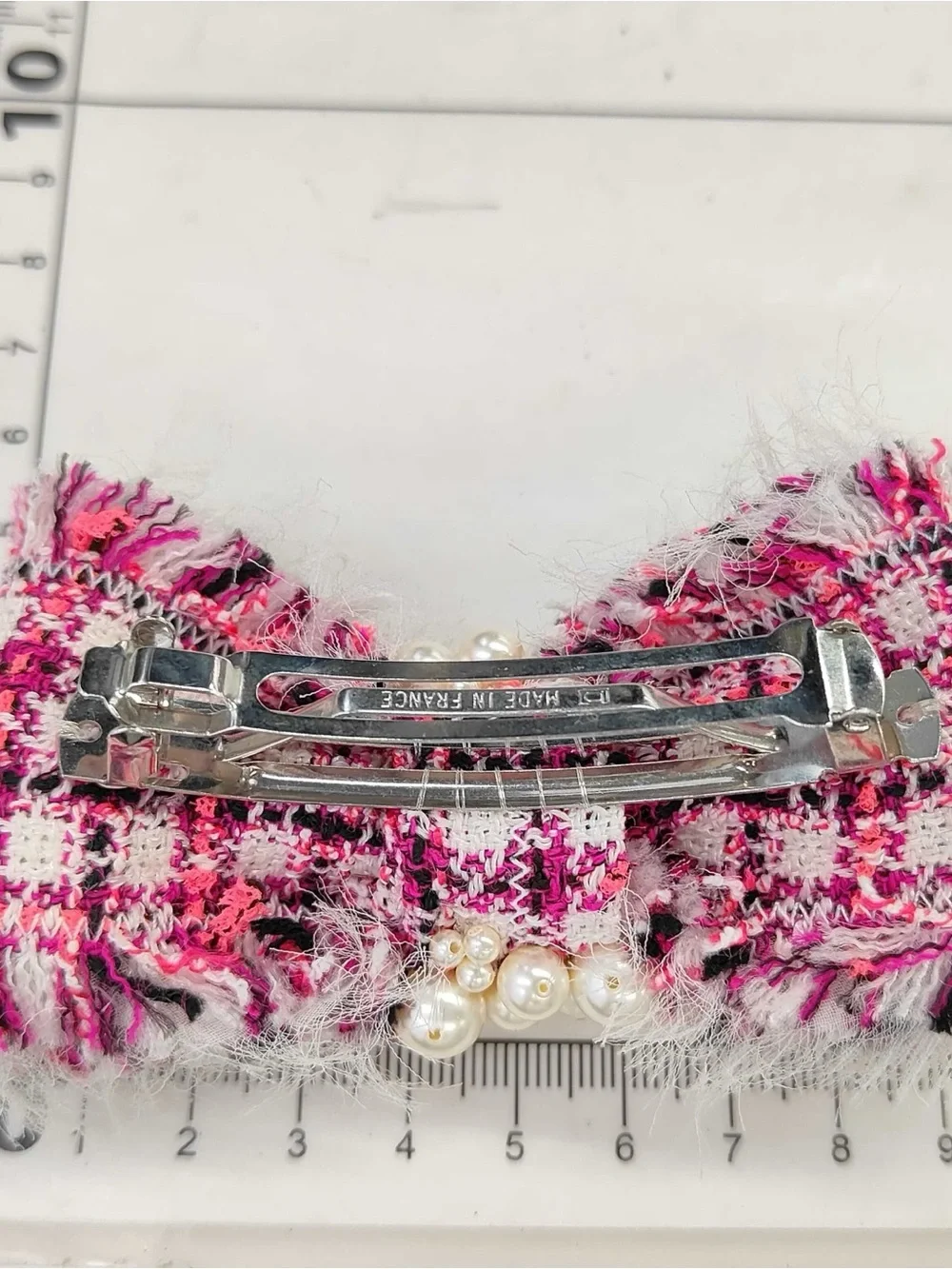CHANEL Pink Tweed Bow Hair Clip with Clustered Pearls